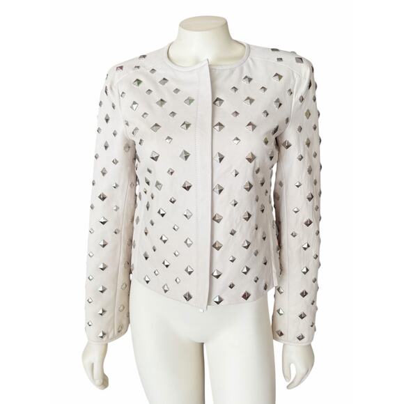 Diane Von Furstenberg Jackets & Blazers - Diane Von Furstenberg Kate Leather Studded Cream Silver Jacket Sz 2